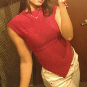 Size S red ribbed top with asymmetrical hem